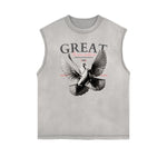 Distressed Sleeveless Winged Monster Pattern Tee