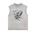 Distressed Sleeveless Winged Monster Pattern Tee