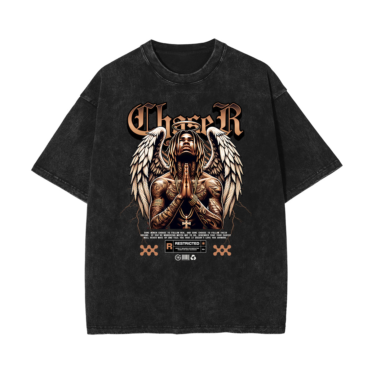 Stone Wash Winged Monster Pattern T Shirt