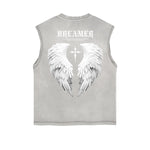 Distressed Sleeveless Winged Monster Pattern Tee
