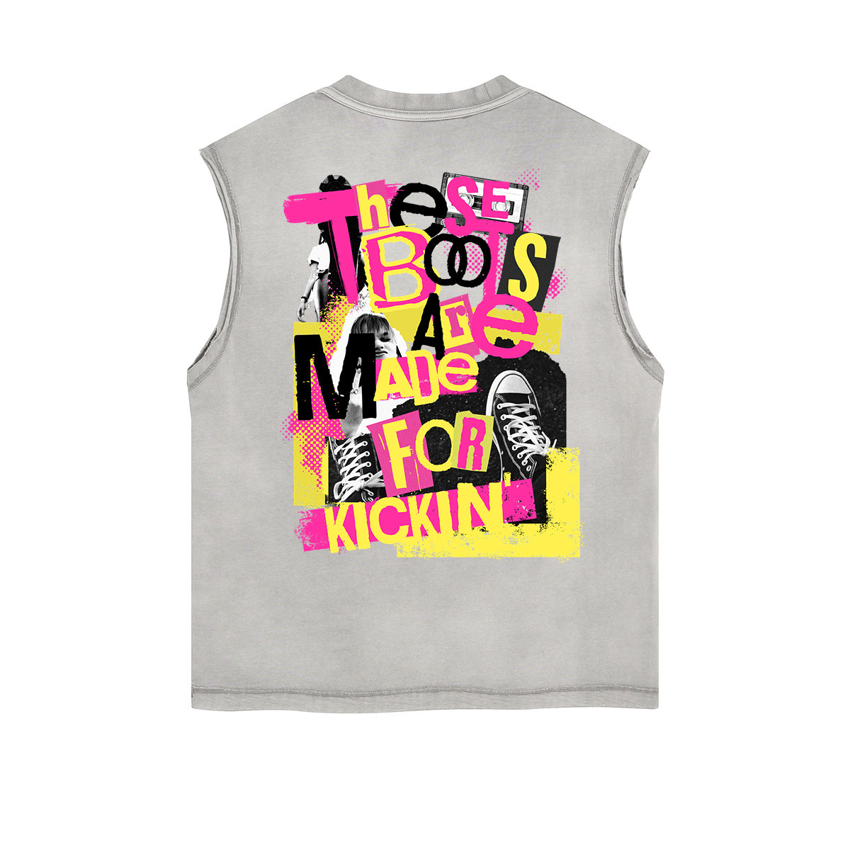 Camiseta sin mangas con grafiti de arte callejero y dobladillo deshilachado