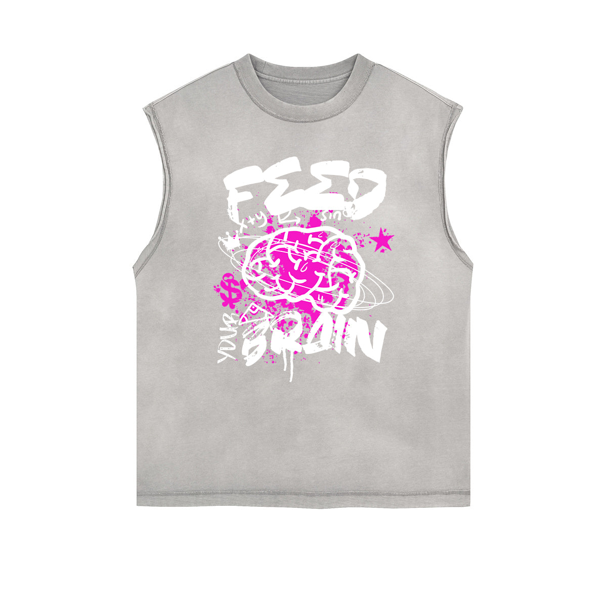 Camiseta sin mangas con grafiti de arte callejero y dobladillo deshilachado