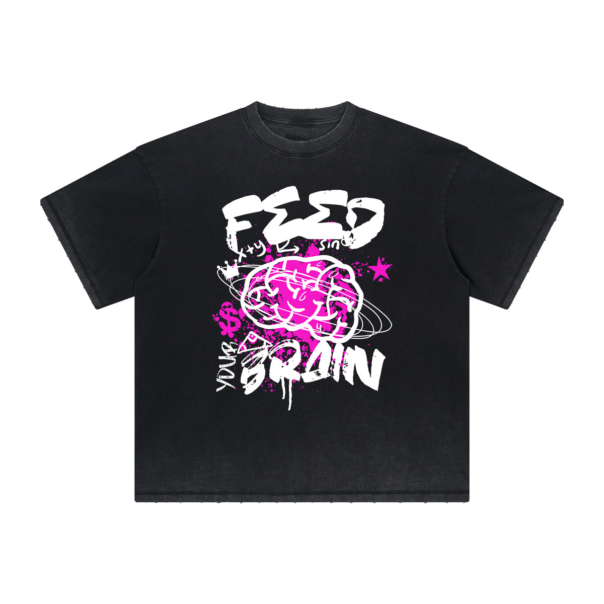 Vintage-Washed Frayed-Hem Graffiti Tee