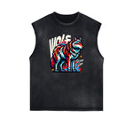 Distressed Sleeveless Wolf Pattern Tee