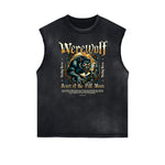 Distressed Sleeveless Wolf Pattern Tee