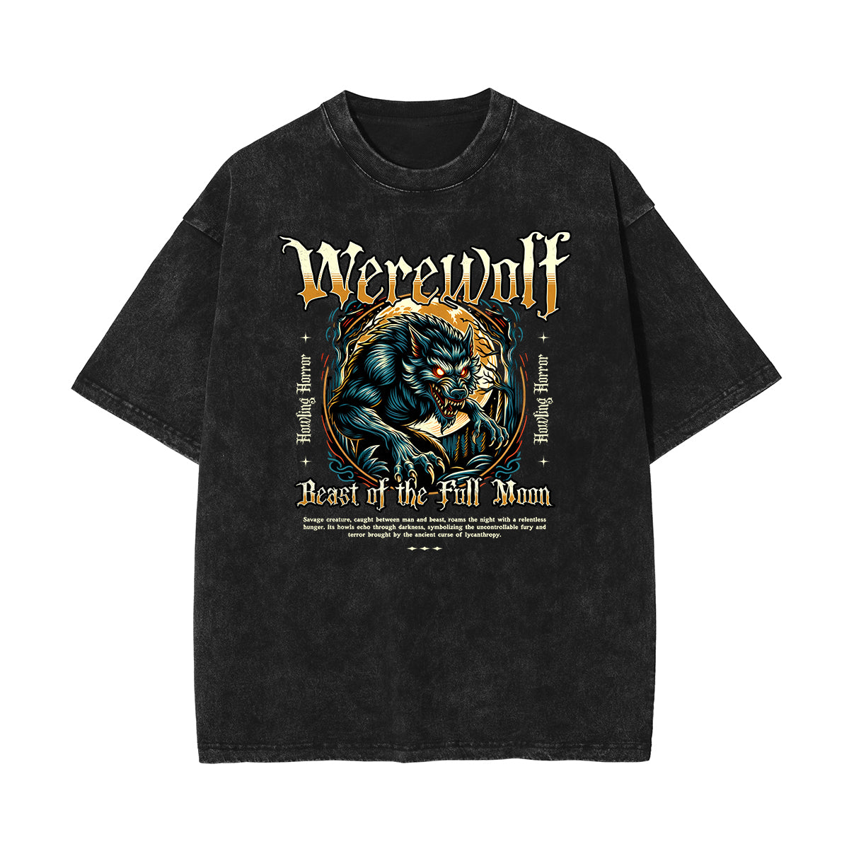 Stone Wash Wolf Pattern T Shirt