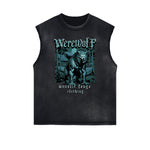 Distressed Sleeveless Wolf Pattern Tee