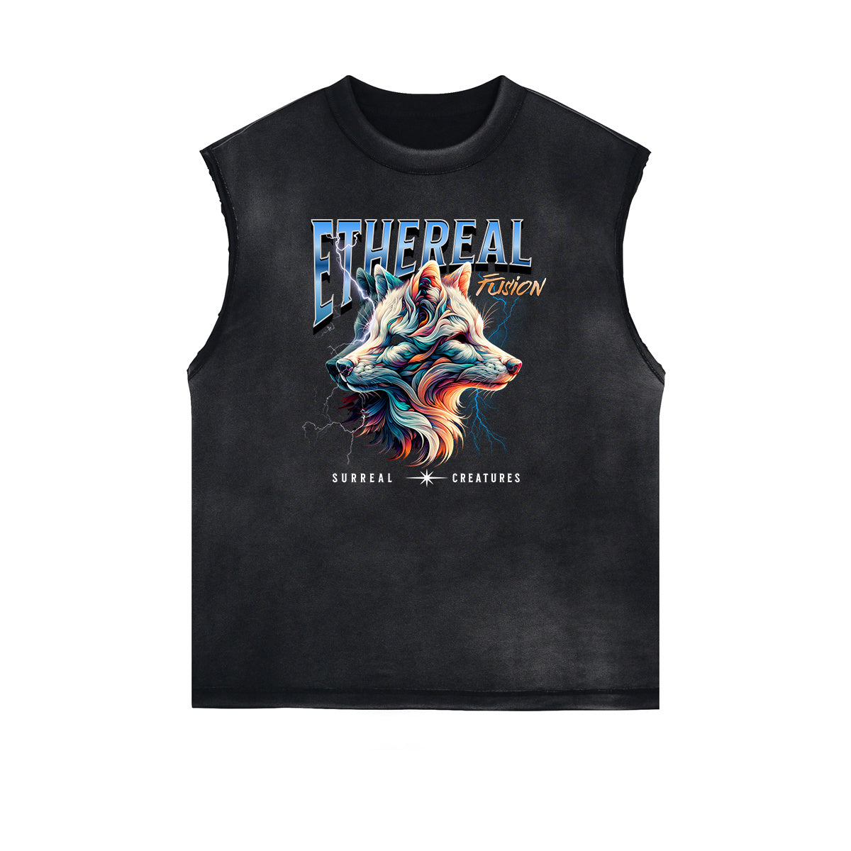 Distressed Sleeveless Wolf Pattern Tee