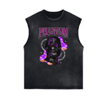 Distressed Sleeveless Mystery Mask Pattern Tee