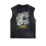 Distressed Sleeveless Mystery Mask Pattern Tee