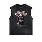 Distressed Sleeveless Mystery Mask Pattern Tee