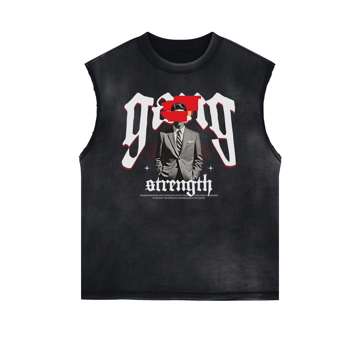 Distressed Sleeveless Mystery Mask Pattern Tee