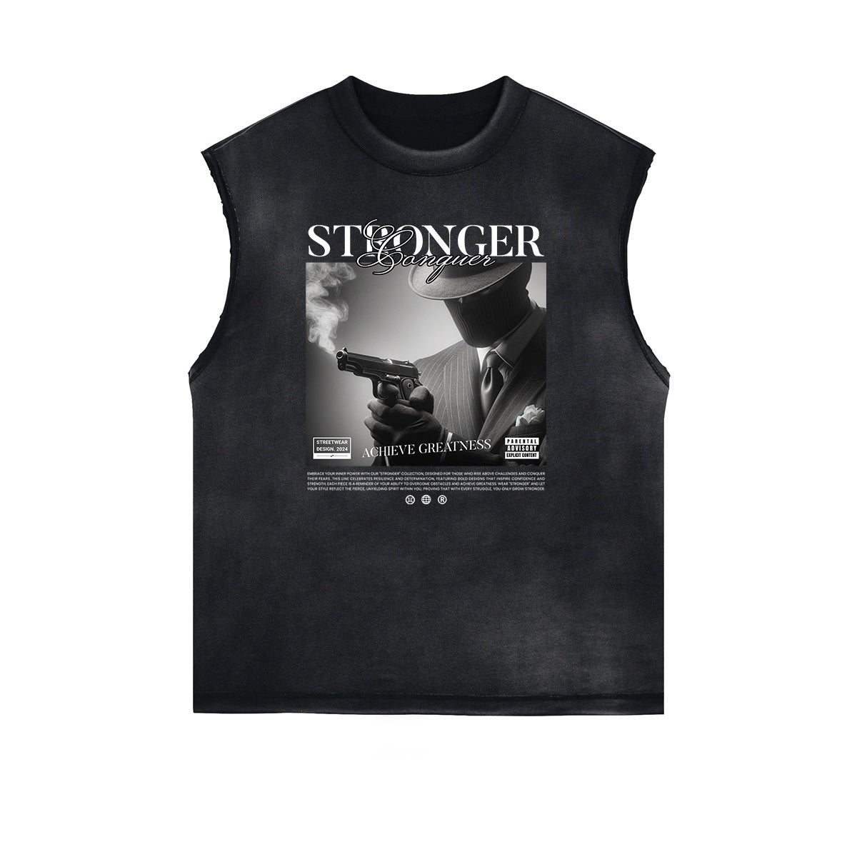 Distressed Sleeveless Mystery Mask Pattern Tee