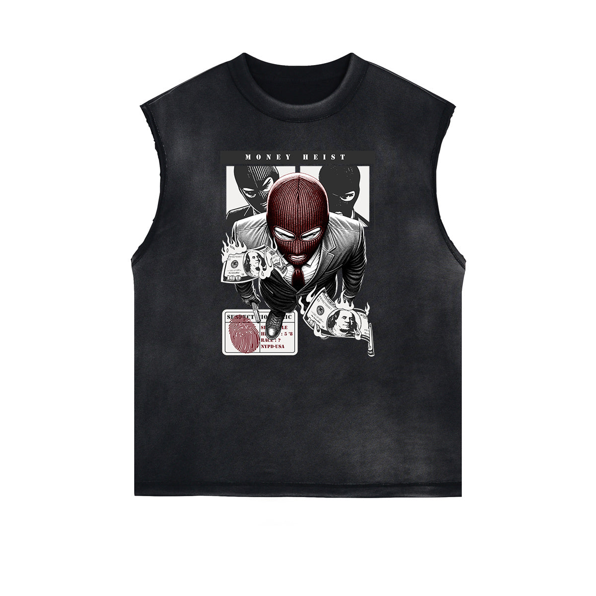 Distressed Sleeveless Mystery Mask Pattern Tee