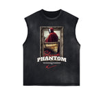 Distressed Sleeveless Mystery Mask Pattern Tee