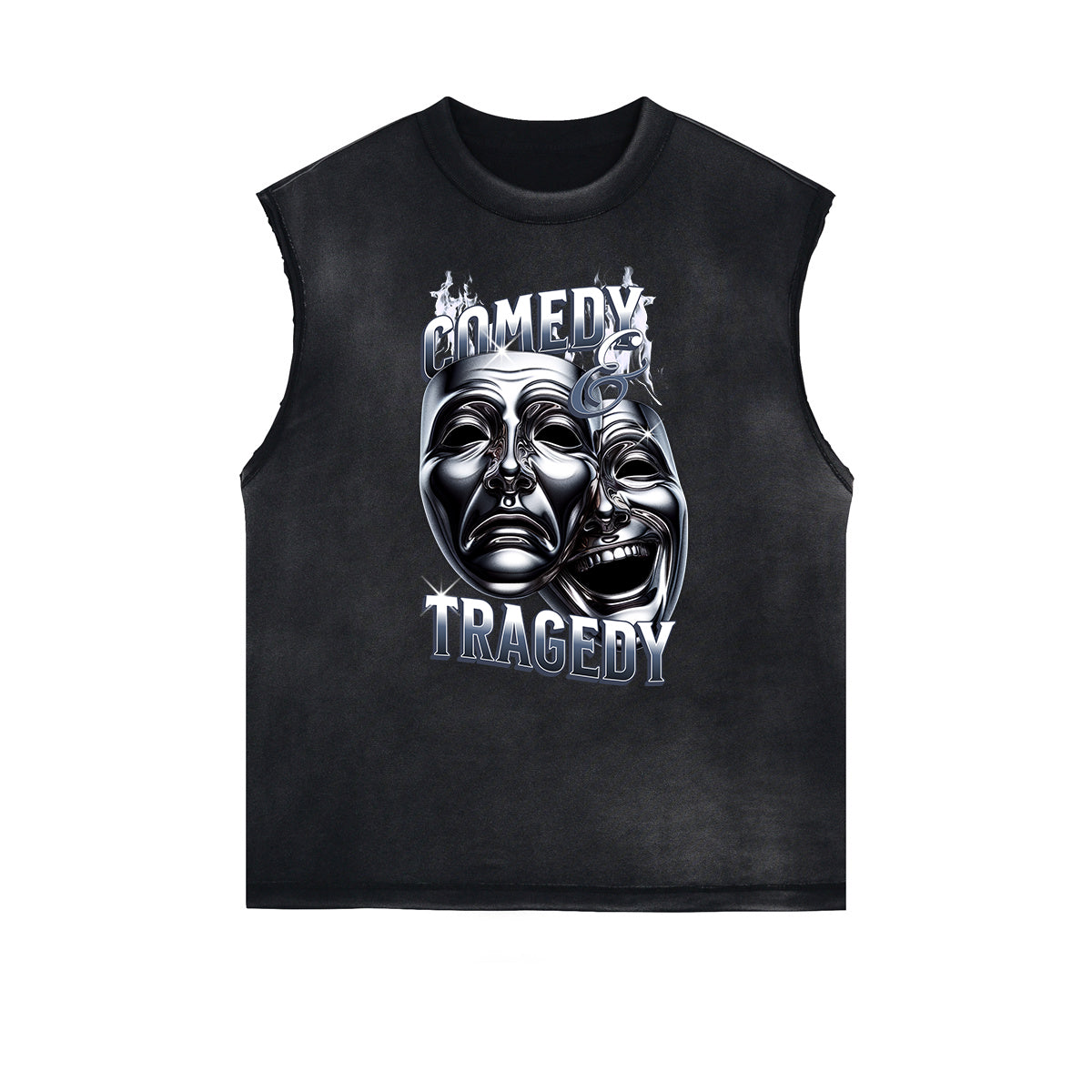 Distressed Sleeveless Mystery Mask Pattern Tee