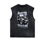 Distressed Sleeveless Mystery Mask Pattern Tee