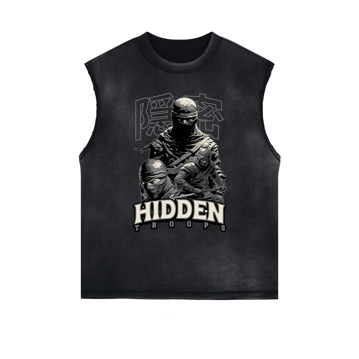 Distressed Sleeveless Mystery Mask Pattern Tee