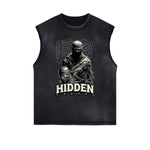 Distressed Sleeveless Mystery Mask Pattern Tee