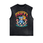 Distressed Sleeveless Creepy Bear Pattern Tee