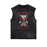 Distressed Sleeveless Creepy Bear Pattern Tee