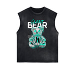 Distressed Sleeveless Creepy Bear Pattern Tee