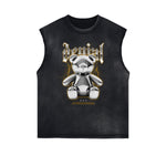 Distressed Sleeveless Creepy Bear Pattern Tee