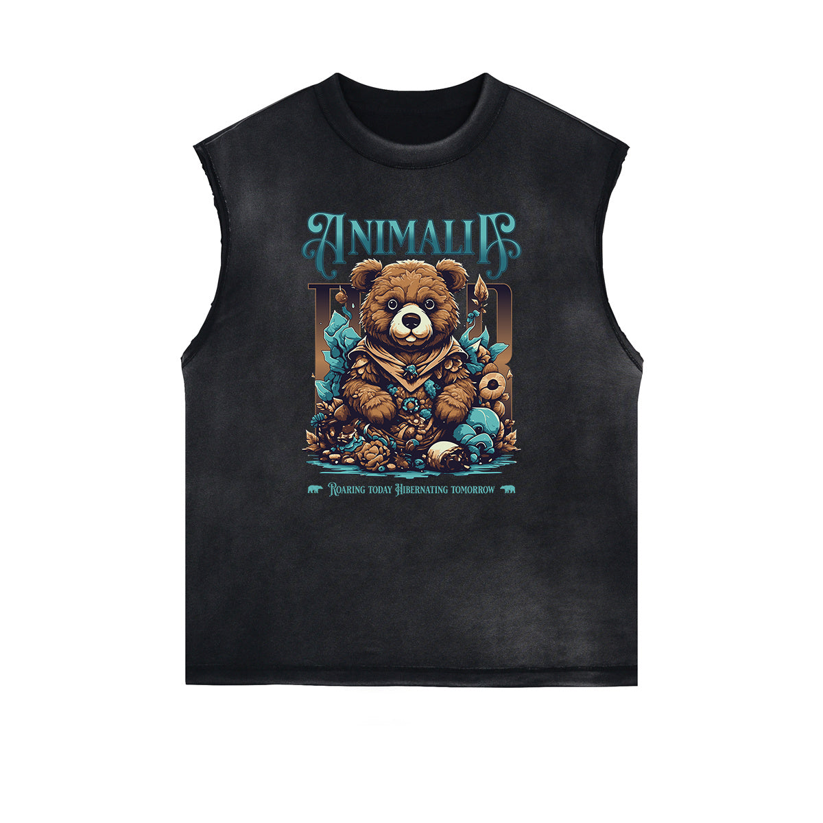 Distressed Sleeveless Creepy Bear Pattern Tee