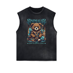 Distressed Sleeveless Creepy Bear Pattern Tee