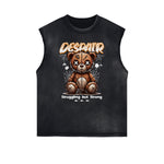 Distressed Sleeveless Creepy Bear Pattern Tee