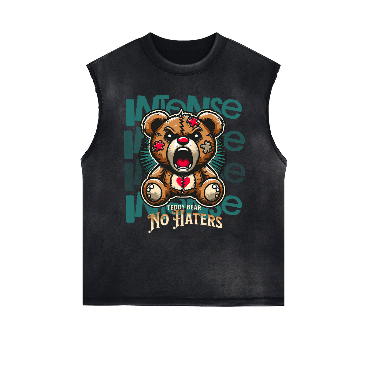 Distressed Sleeveless Creepy Bear Pattern Tee