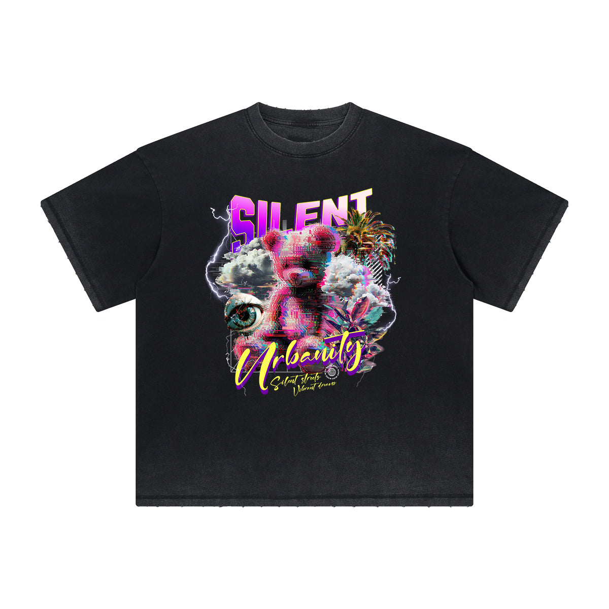 Heavy Faded Creepy Bear Graphic T Shirt