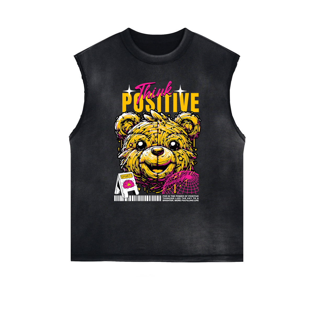 Distressed Sleeveless Creepy Bear Pattern Tee