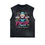 Distressed Sleeveless Creepy Bear Pattern Tee