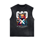 Distressed Sleeveless Creepy Bear Pattern Tee