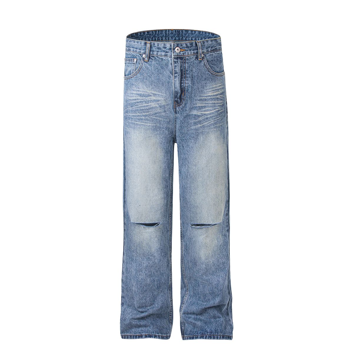 Vintage Wash Ripped Knee Straight-Leg Jeans