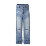 Vintage Wash Ripped Knee Straight-Leg Jeans