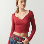 Notch Neck Long Sleeve Crop Tee-INNBLAC Fashion Apparel