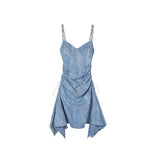 Chain Strap Ruched Denim Mini Dress