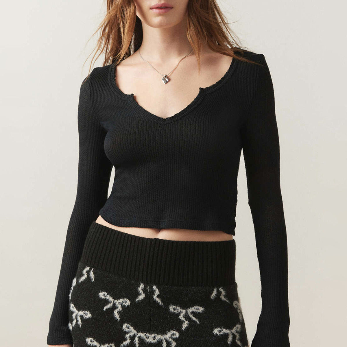 Notch Neck Long Sleeve Crop Tee-INNBLAC Fashion Apparel