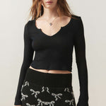 Notch Neck Long Sleeve Crop Tee-INNBLAC Fashion Apparel