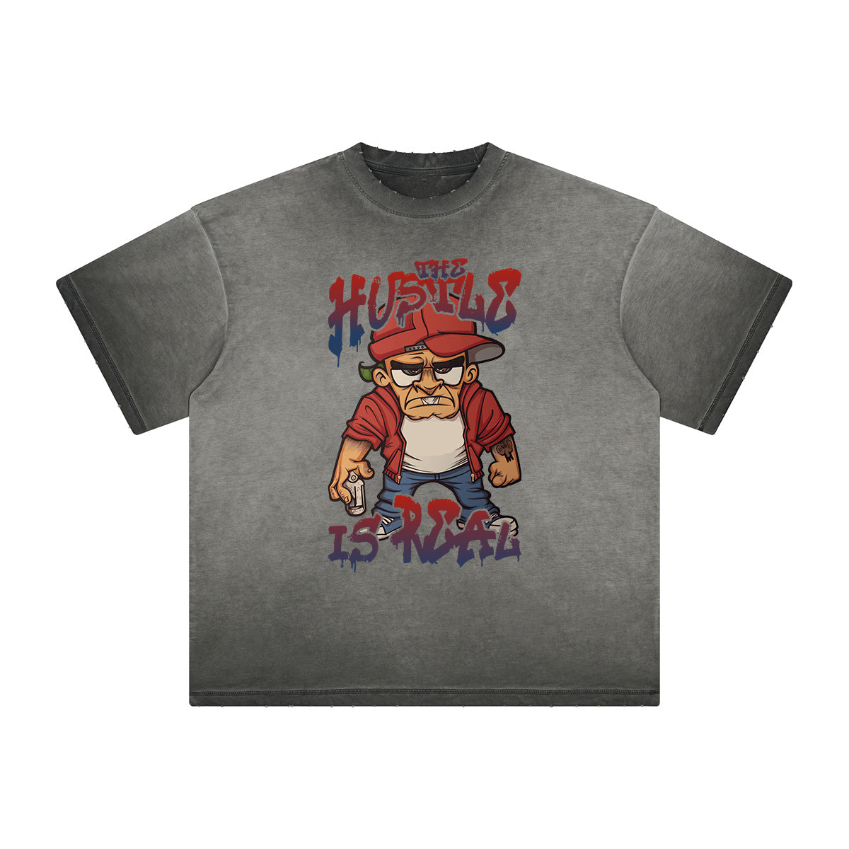 Stone Wash Gray Faded Cartoon Graphic Tee-INNBLAC Fashion Apparel