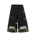 Camo Patchwork Denim Ripped Bermuda Shorts