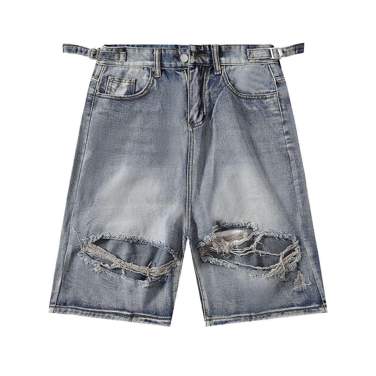 Adjustable Side Strap Distressed High Waist Shorts
