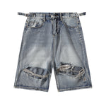 Adjustable Side Strap Distressed High Waist Shorts