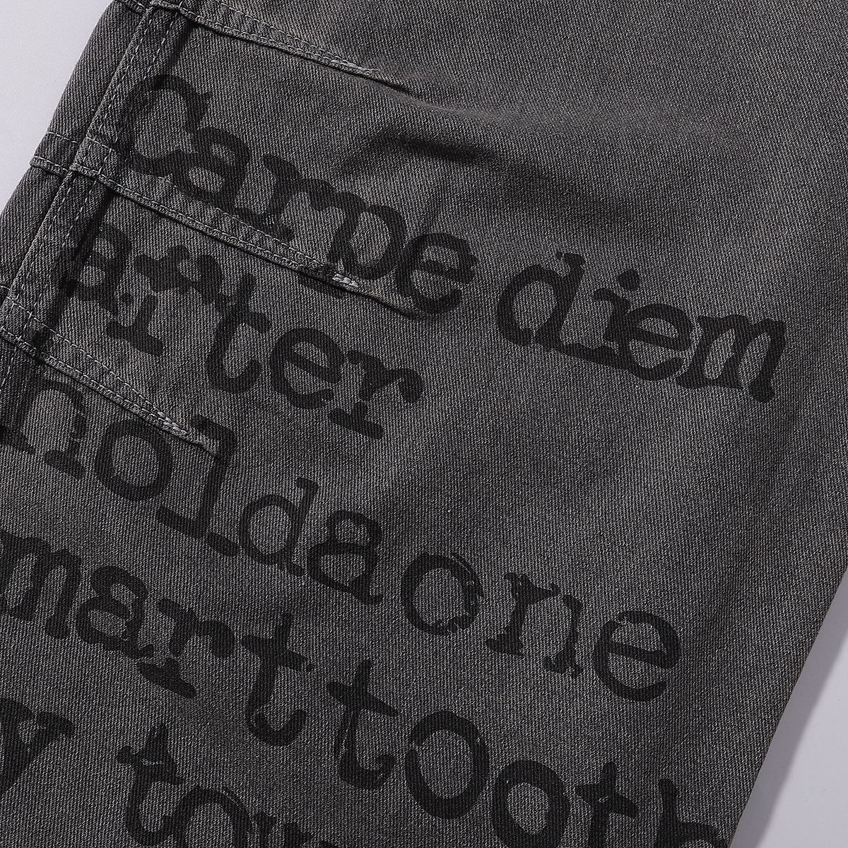 Wide Leg Black Bold Letter Print Jeans