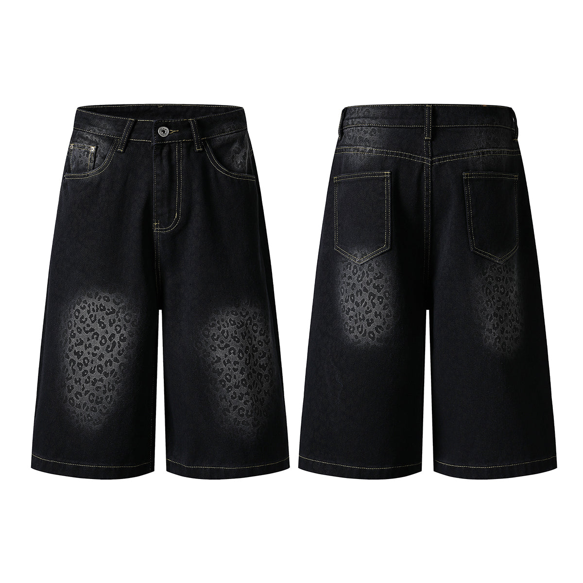 Black Leopard Print Denim Bermuda Shorts