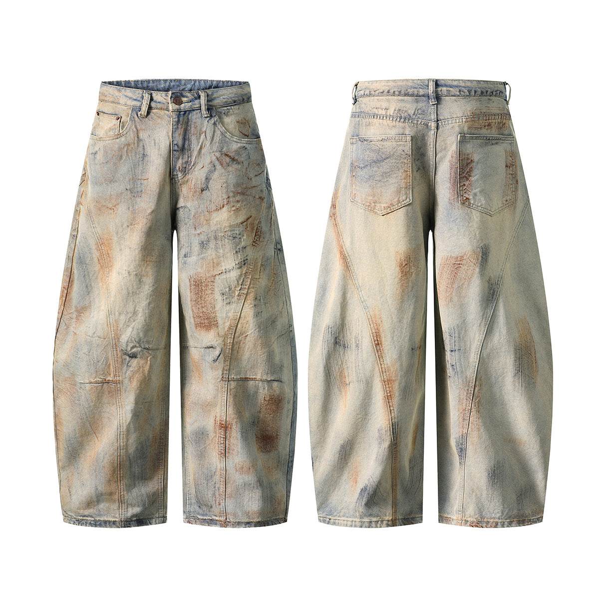 Muddy Wash Panel Stitching Barrel-Leg Jeans
