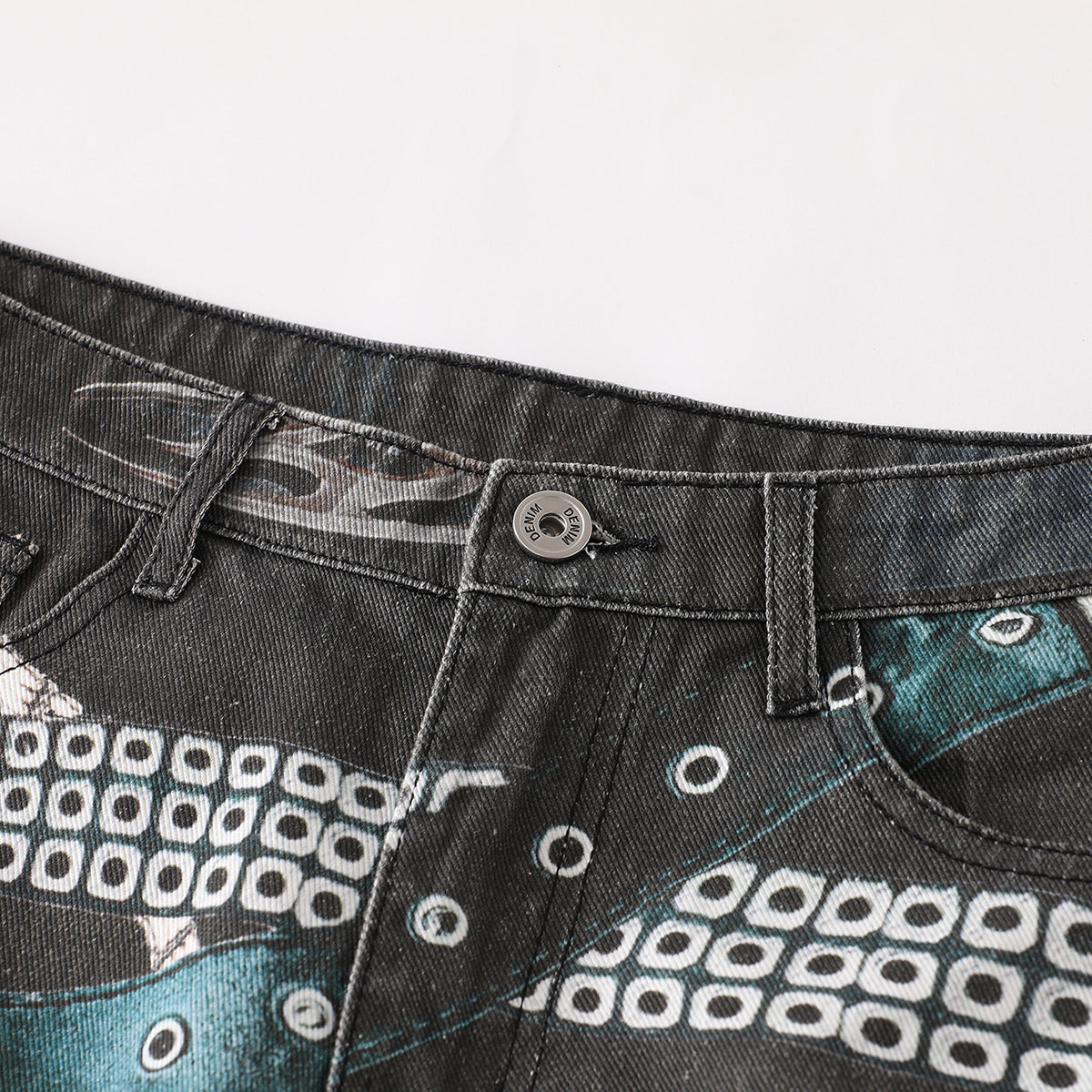 Vintage Washed Black Wide-Leg Printed Jeans