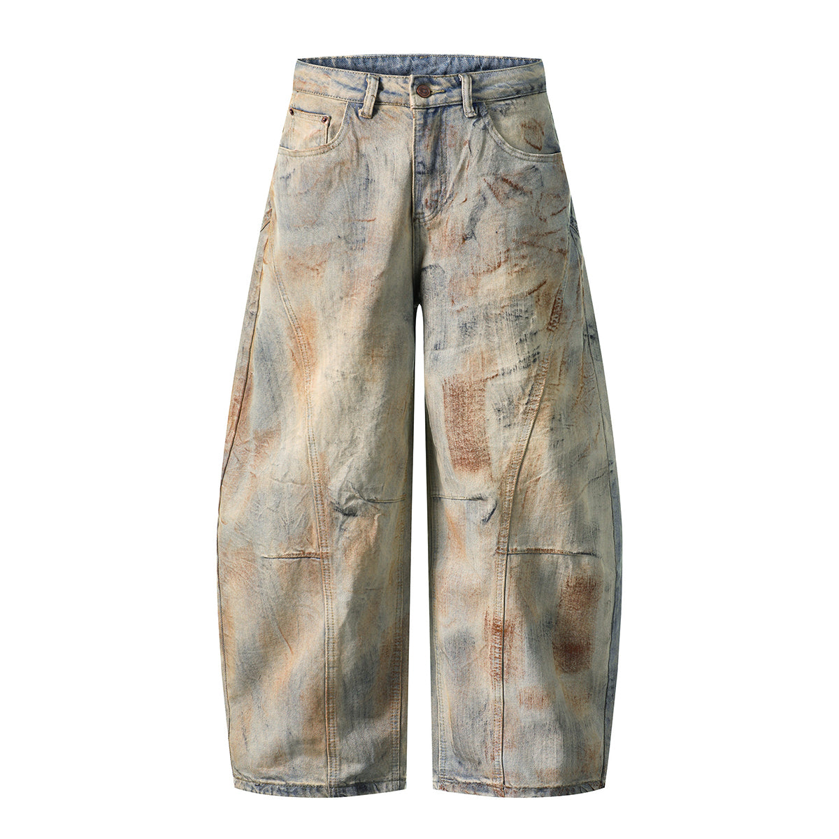 Muddy Wash Panel Stitching Barrel-Leg Jeans